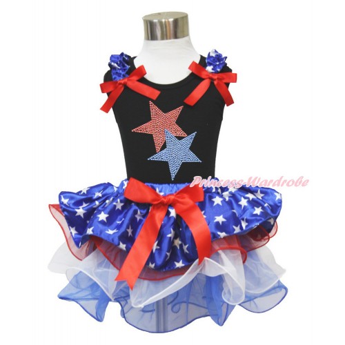 American's Birthday Black Baby Pettitop with Patriotic American Star Ruffles & Red Bow with Sparkle Crystal Bling Rhinestone Red Blue Twin Star Print with Red Bow Patriotic American Star Red White Blue Petal Newborn Pettiskirt NG1543